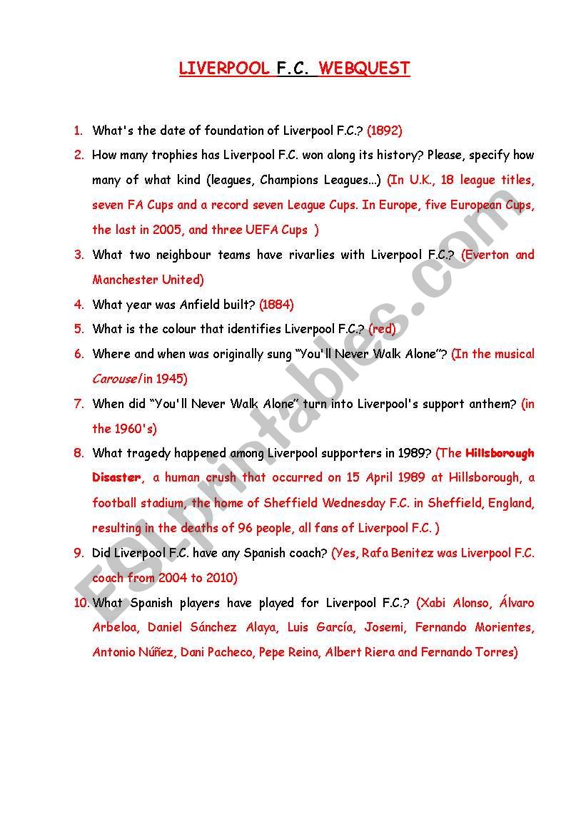 Liverpool F.C. Webquest worksheet