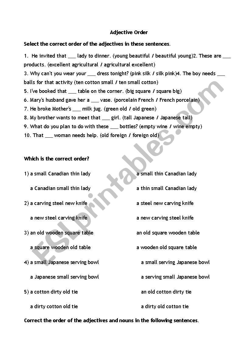 Adjective Order worksheet