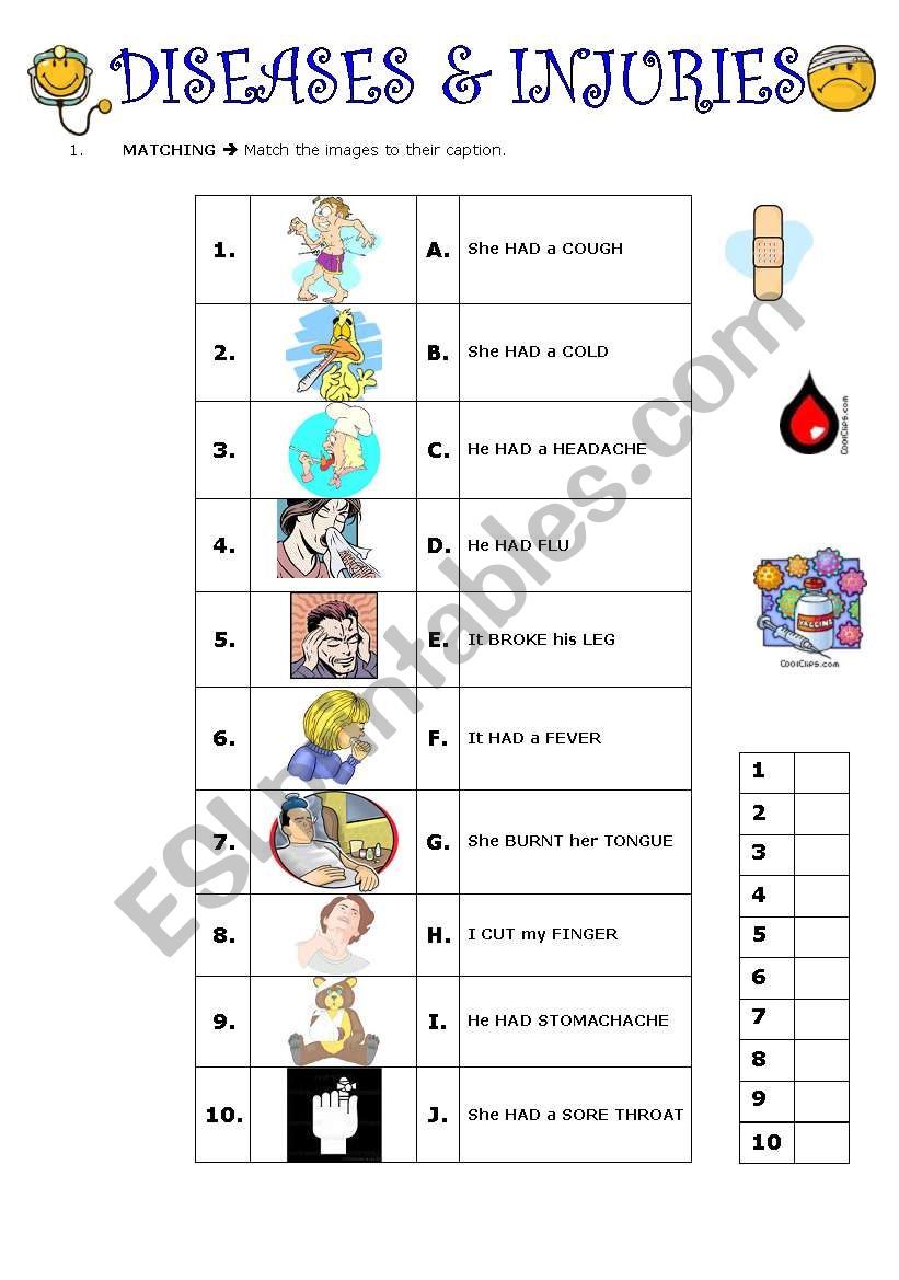 Diseases and njuries worksheet