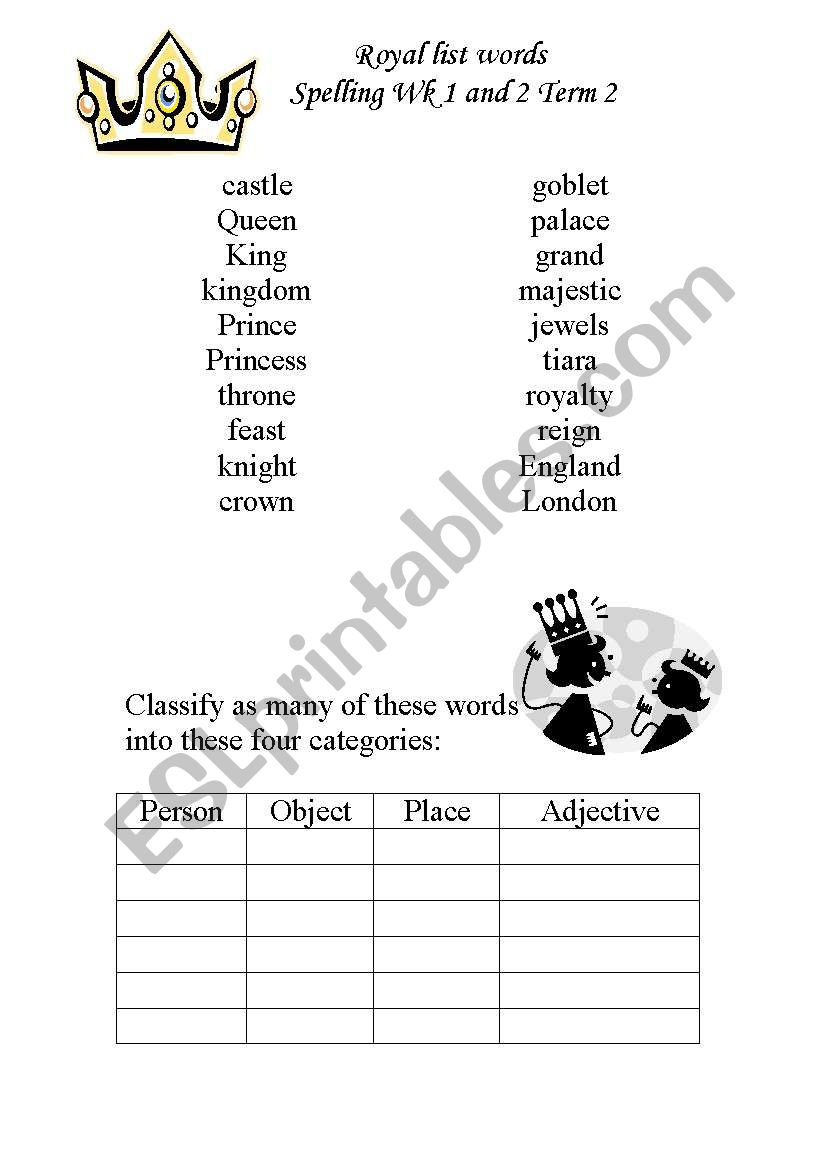 Royal Spelling words worksheet