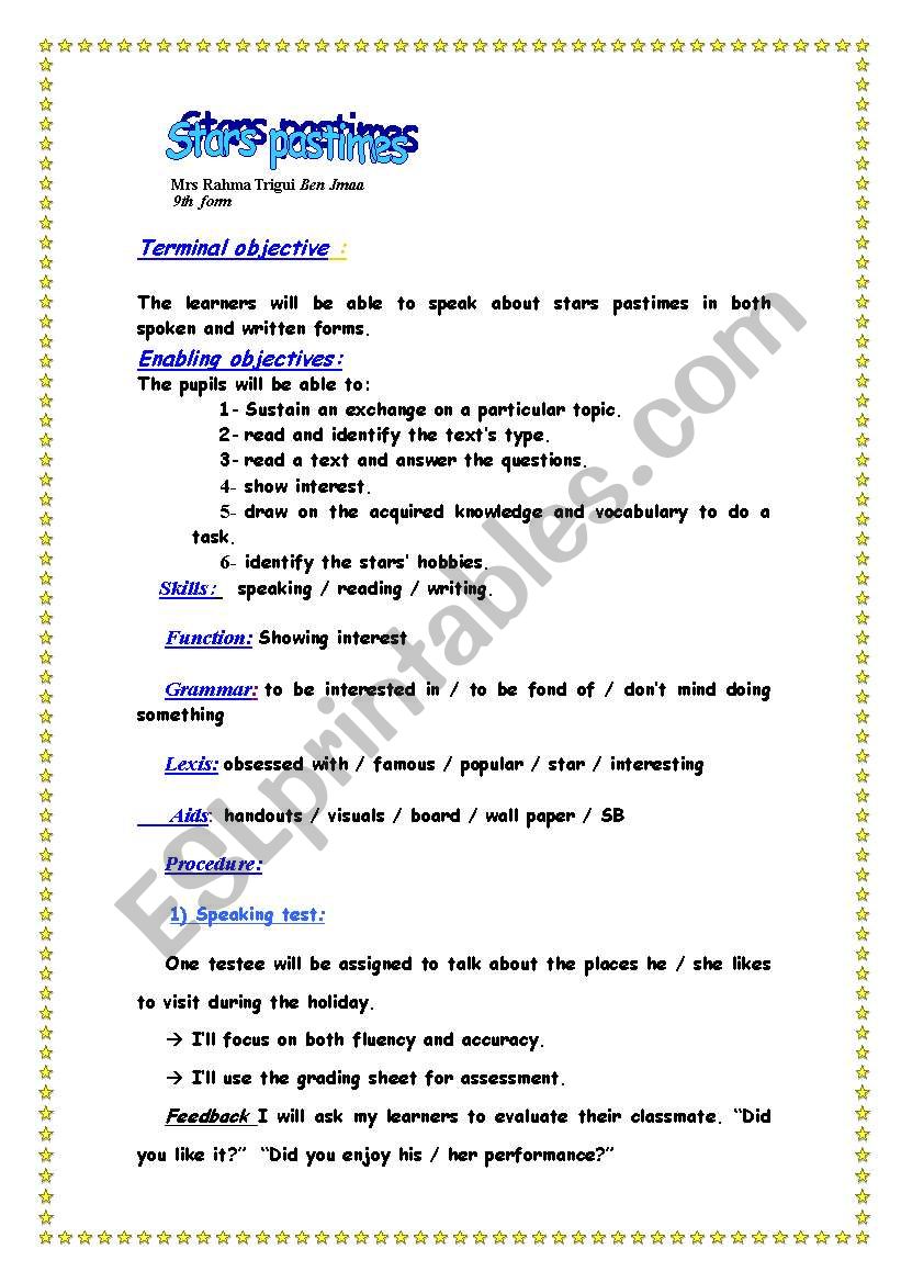 stars pastimes lesson plan worksheet