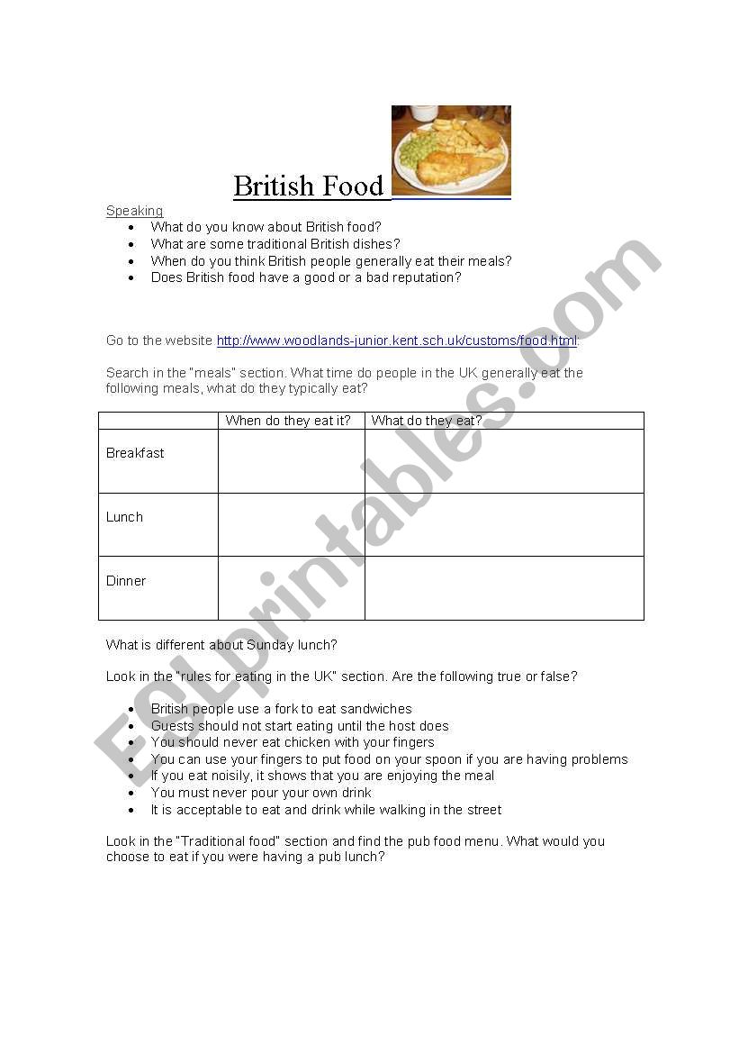 British Food webquest worksheet