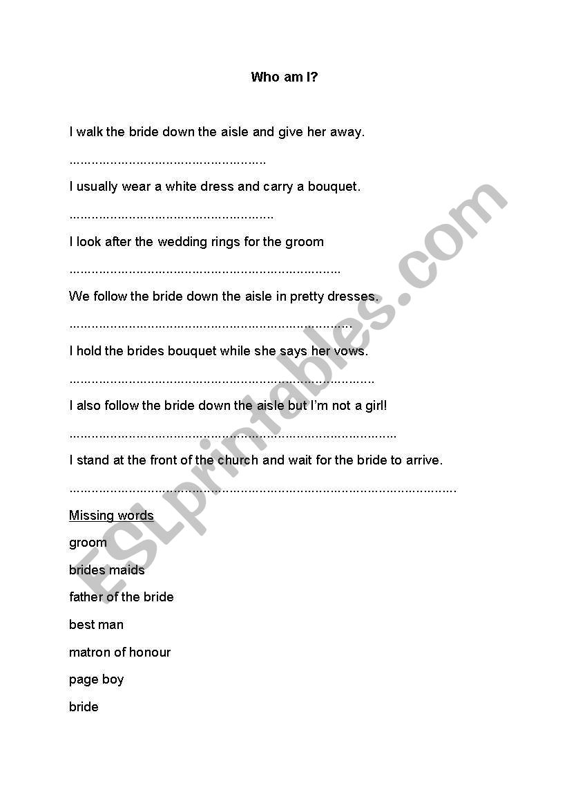 Who am I - Weddings worksheet
