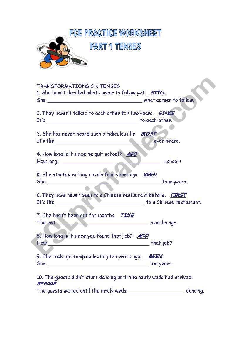 FCE PRACTICE WORKSHEET PART 1 TENSES