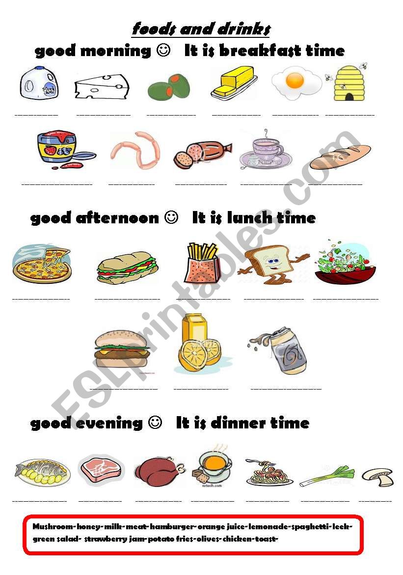 foods and drinks-greetings worksheet