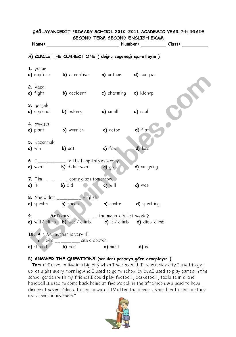second exam for 7th grade worksheet