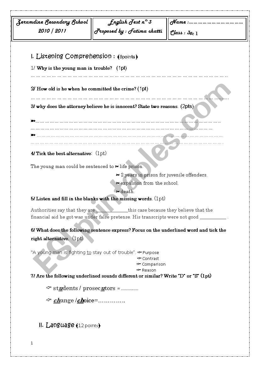 english test for tunisian 3 level  students 