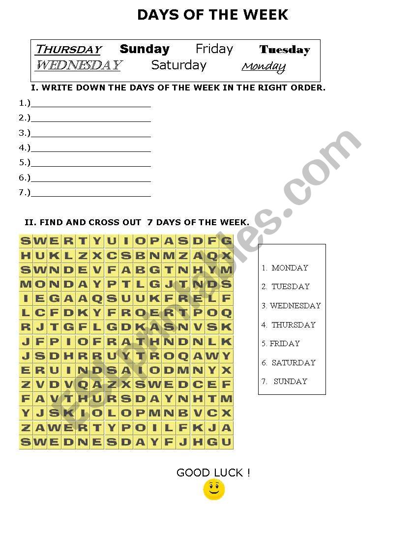 THE DAYS OF THE  WEEK worksheet