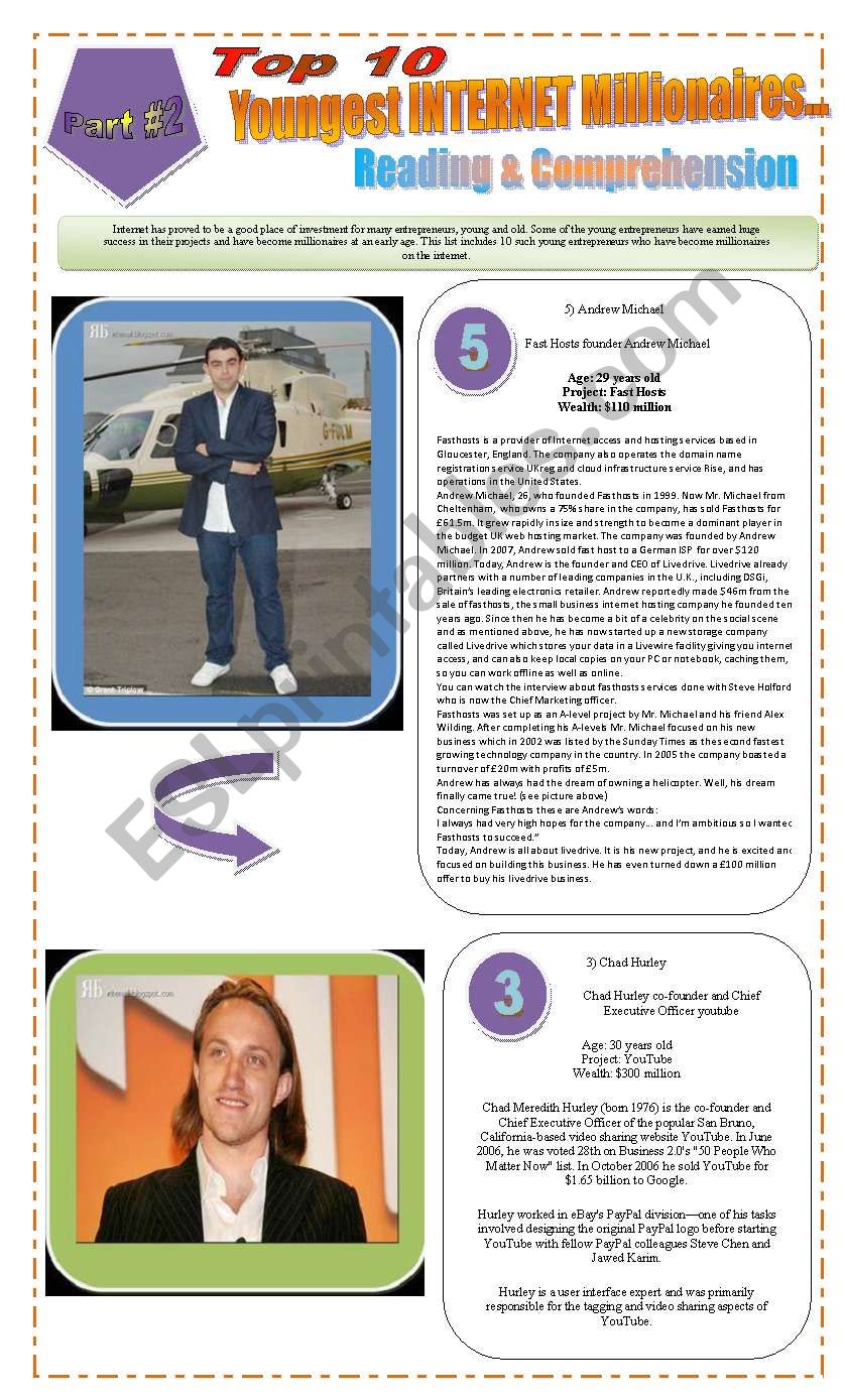 JOBS - READING ACTIVITY (3 pages) - TOP 10 YOUNGEST INTERNET MILLIONAIRES + Activities and Texts for reading Part  2 of 2