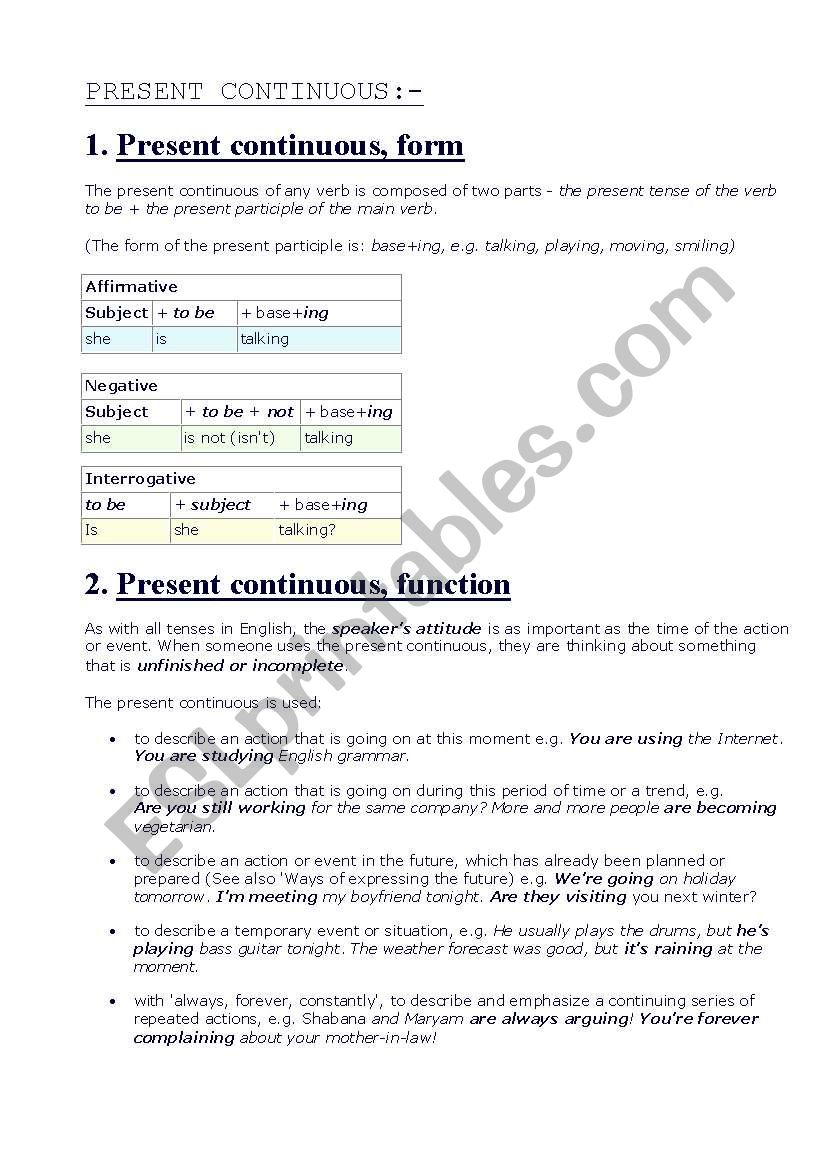 present continous worksheet