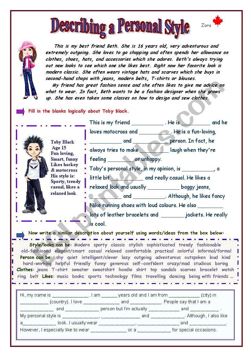 Describing A Personal Style worksheet