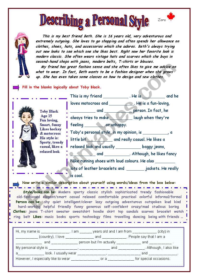 Describing A Personal Style worksheet