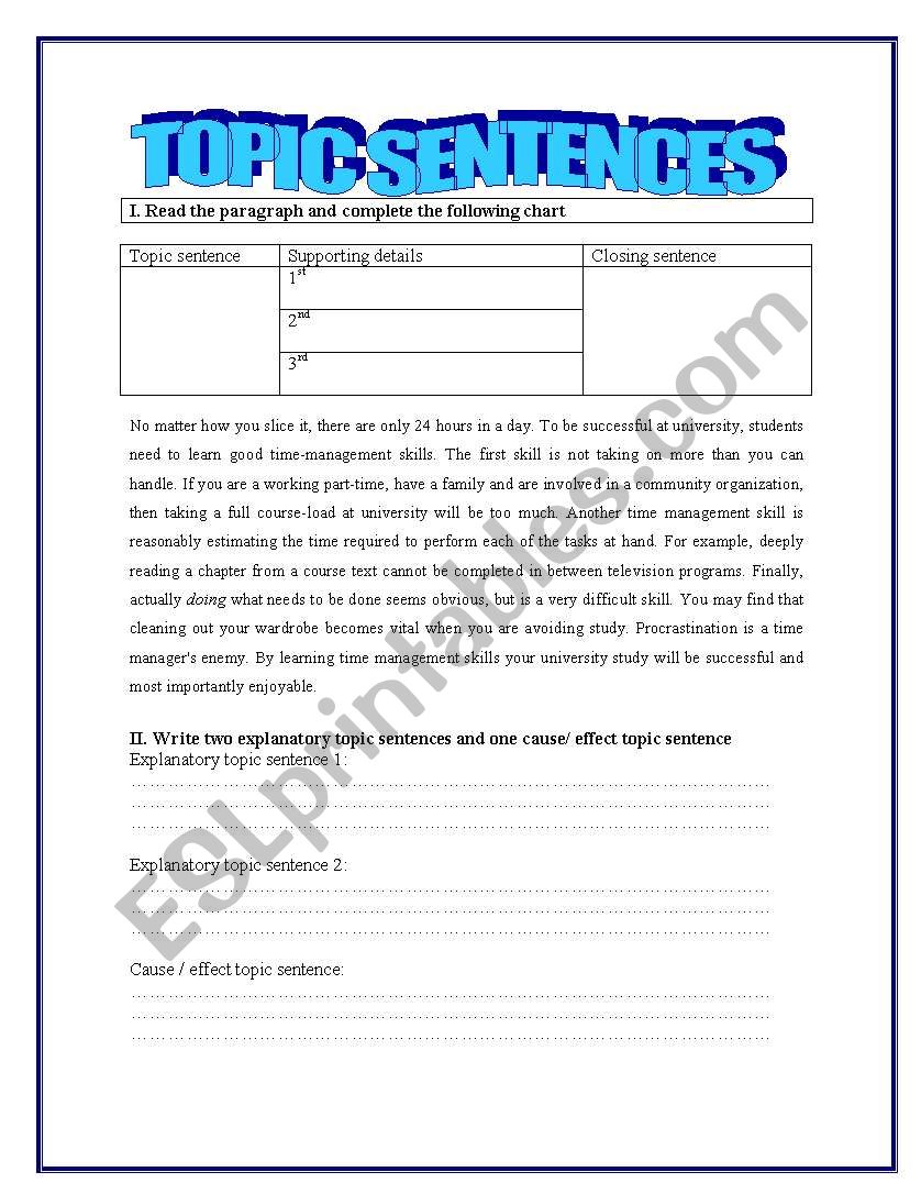Topic Sentences ESL Worksheet By Yessi Topic Sentences ESL Worksheet By Yessi