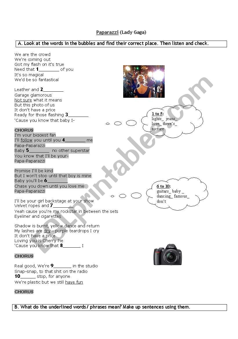 Paparazzi (Lady Gaga) worksheet