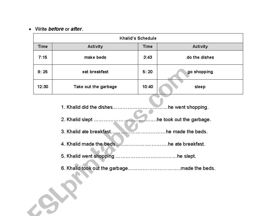 Schedule worksheet