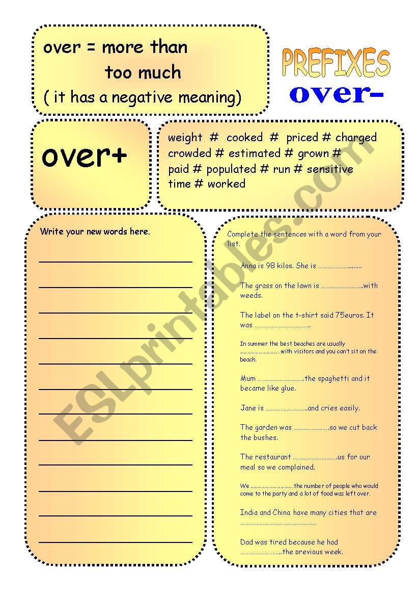 Prefixes over-under worksheet