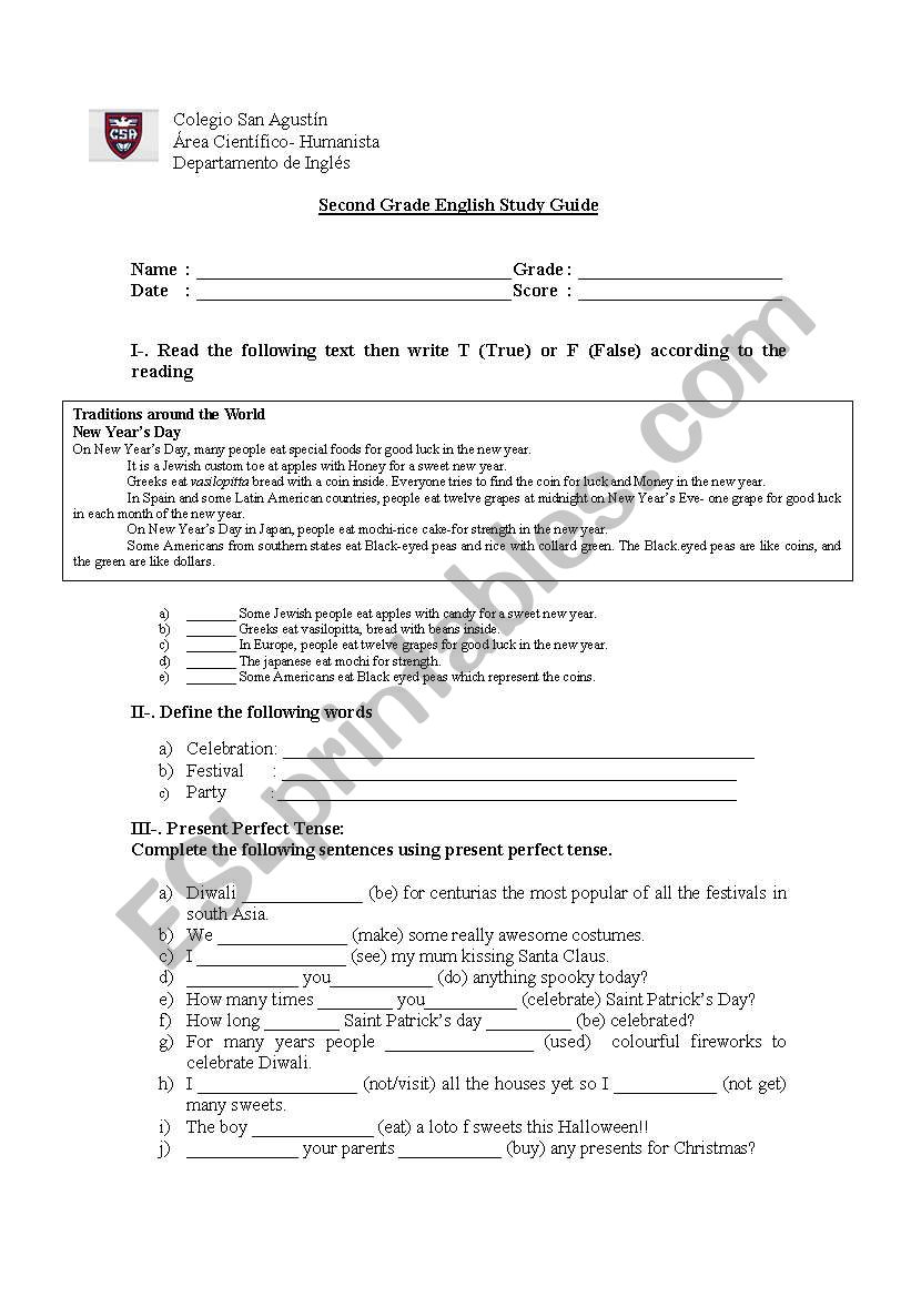 Traditions worksheet
