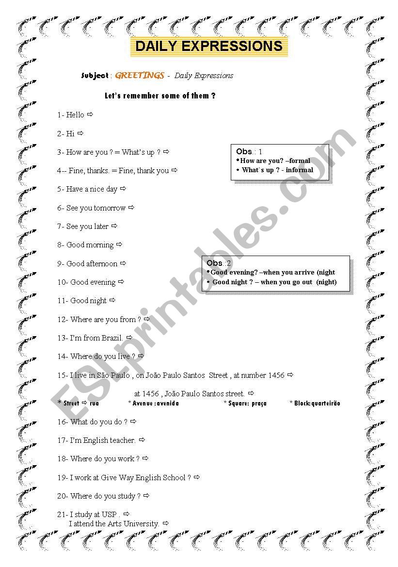 Daily Expressions worksheet