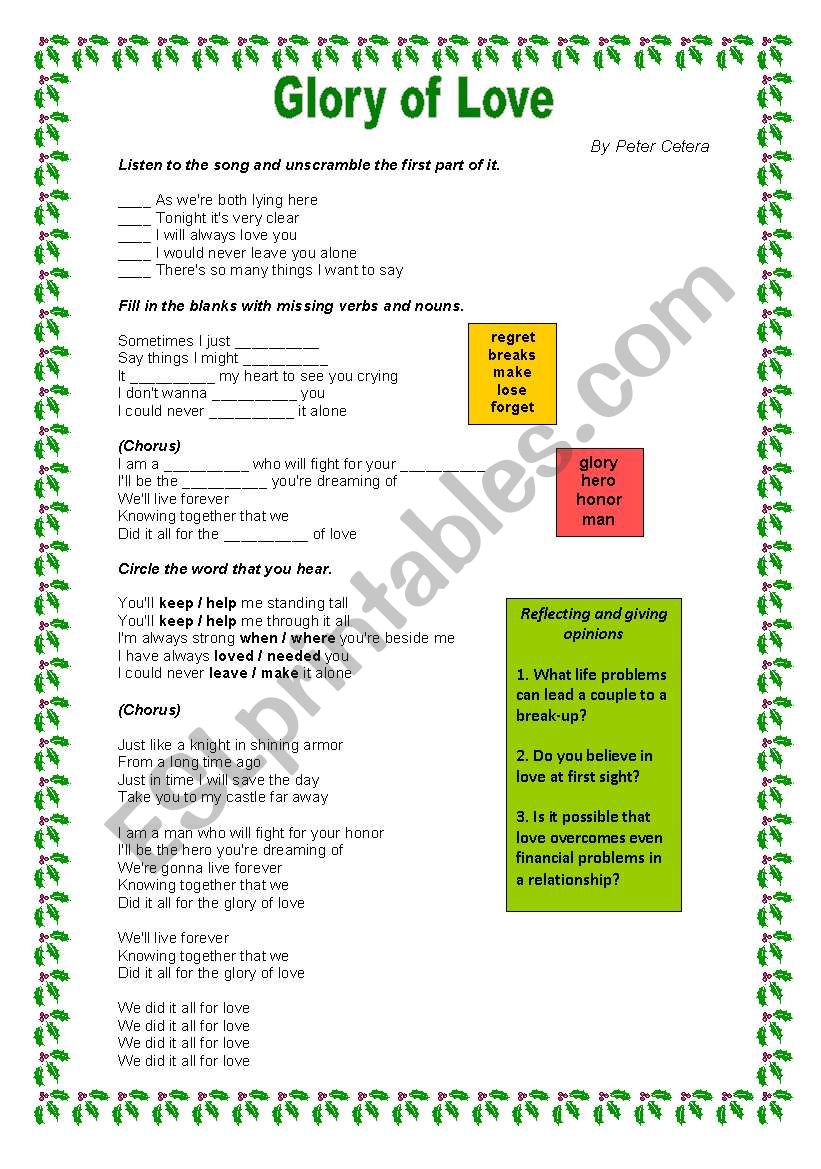 Glory of Love - Peter Cetera worksheet