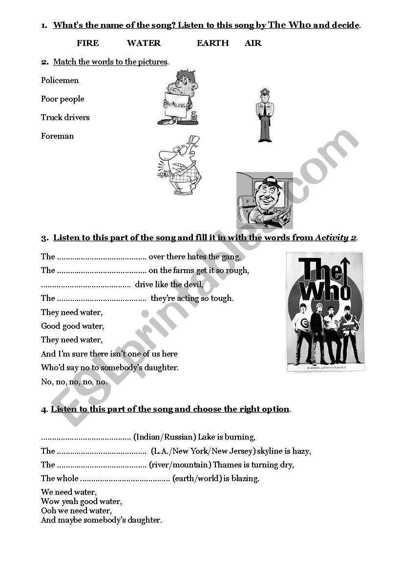 Water -The Who- worksheet