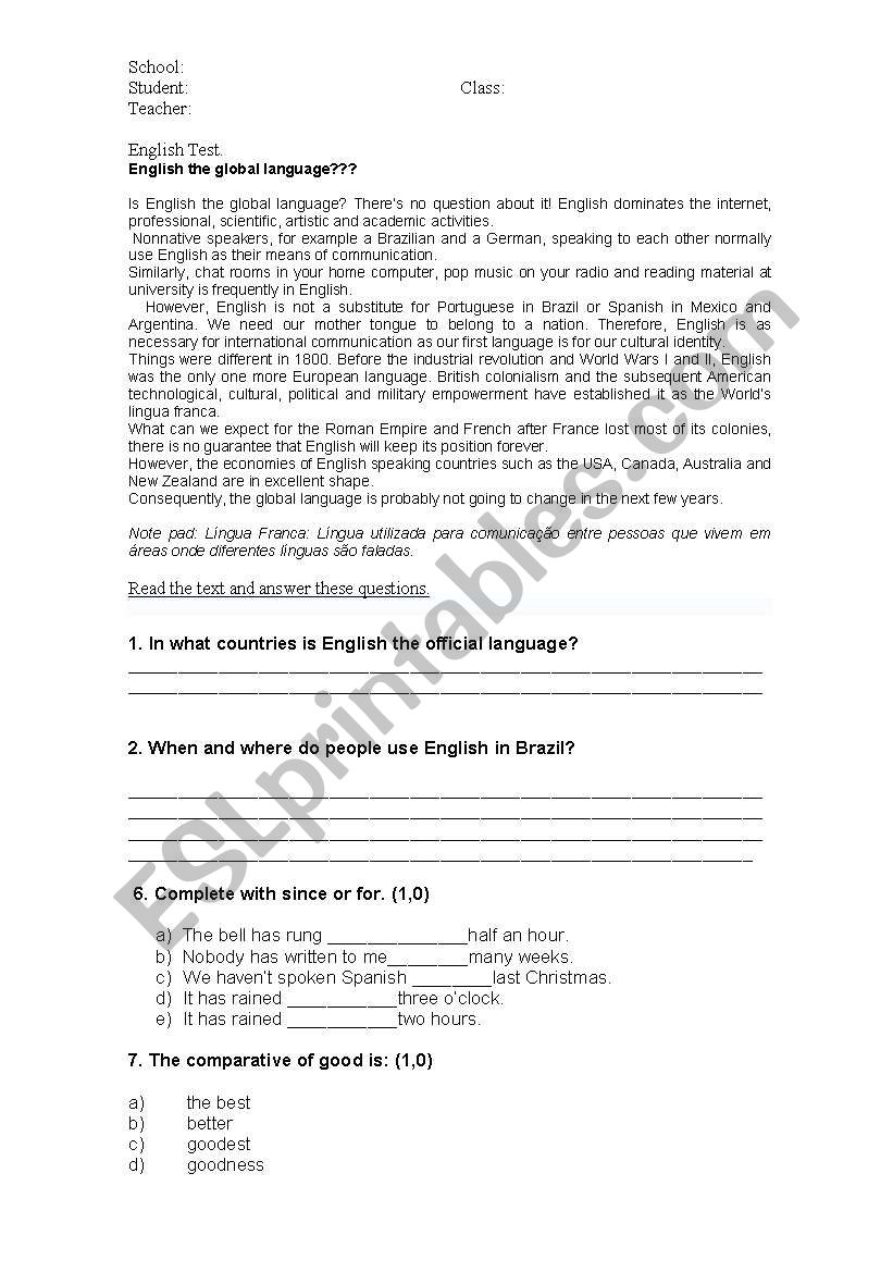 Activitie or test. worksheet