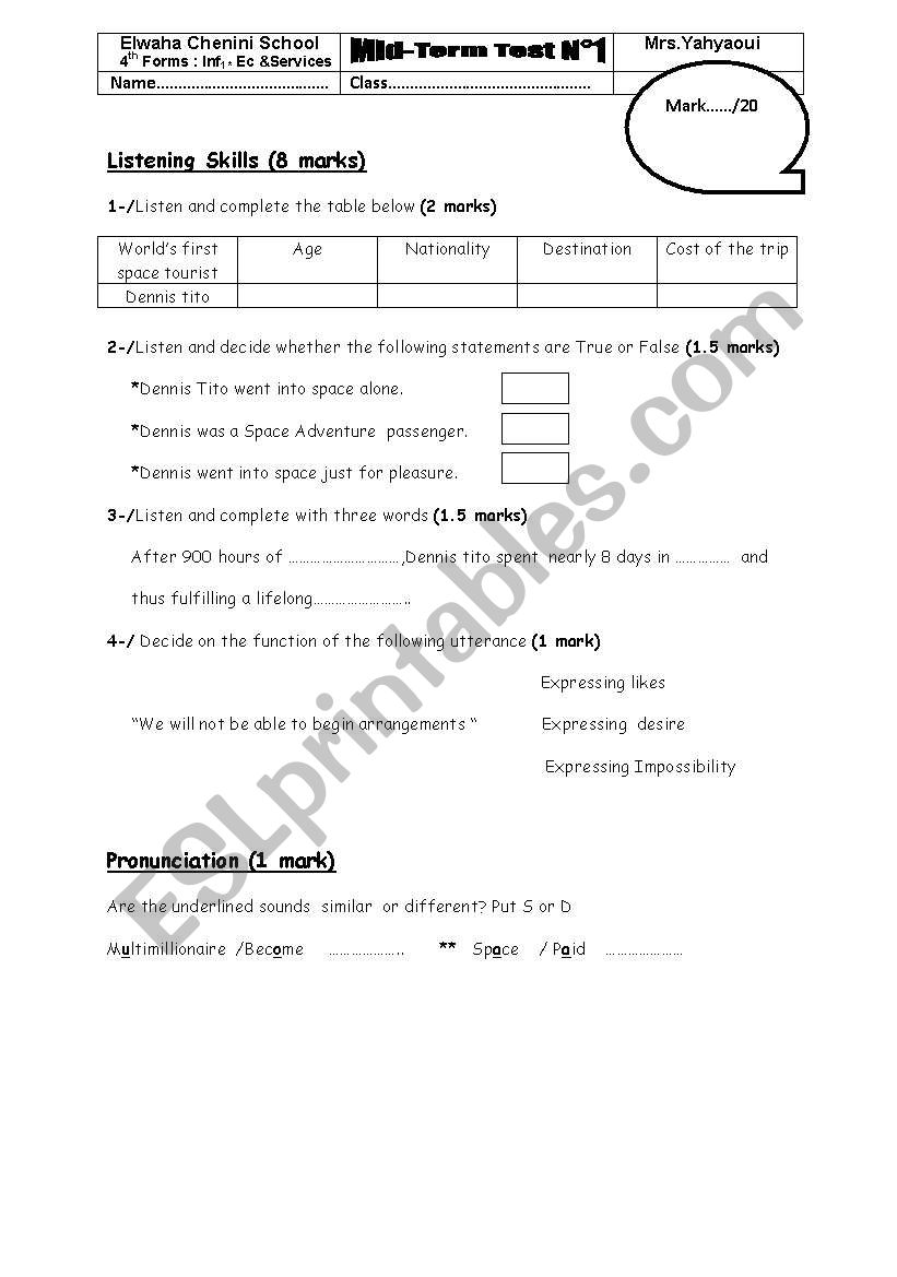 Mid-term test n1 Bac pupils. worksheet