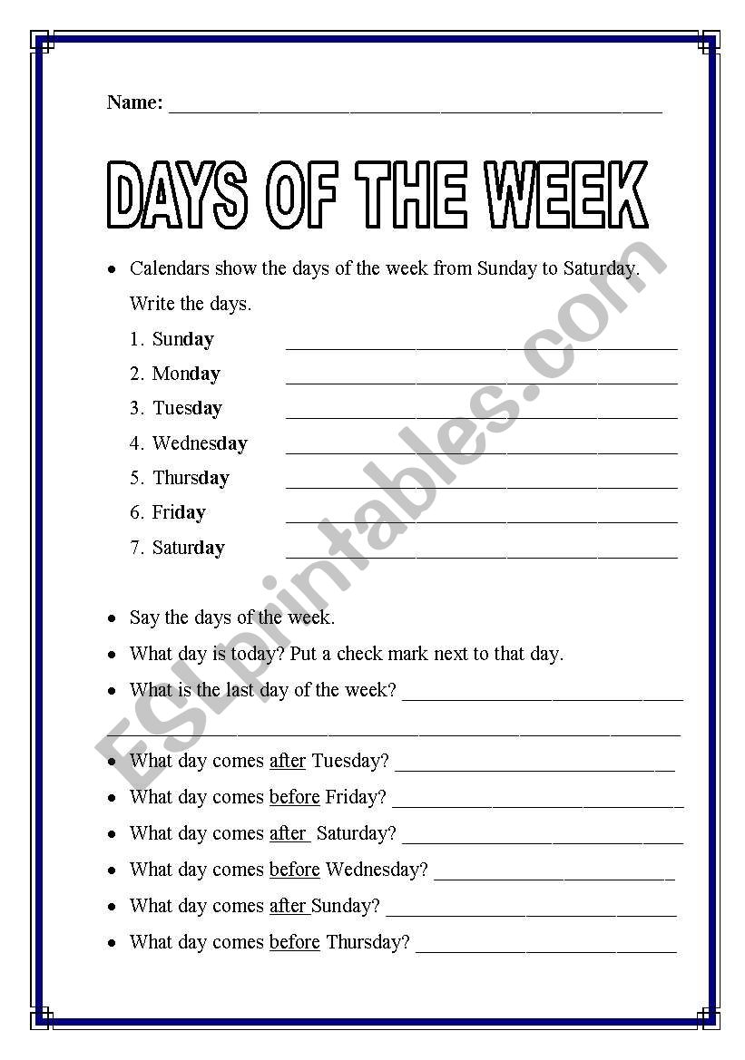DAYS OF THE WEEk worksheet
