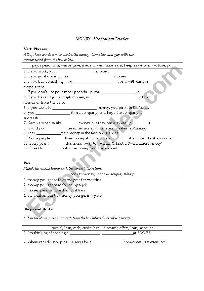 money phrases worksheet