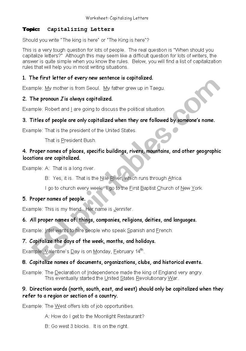 capitalization worksheet