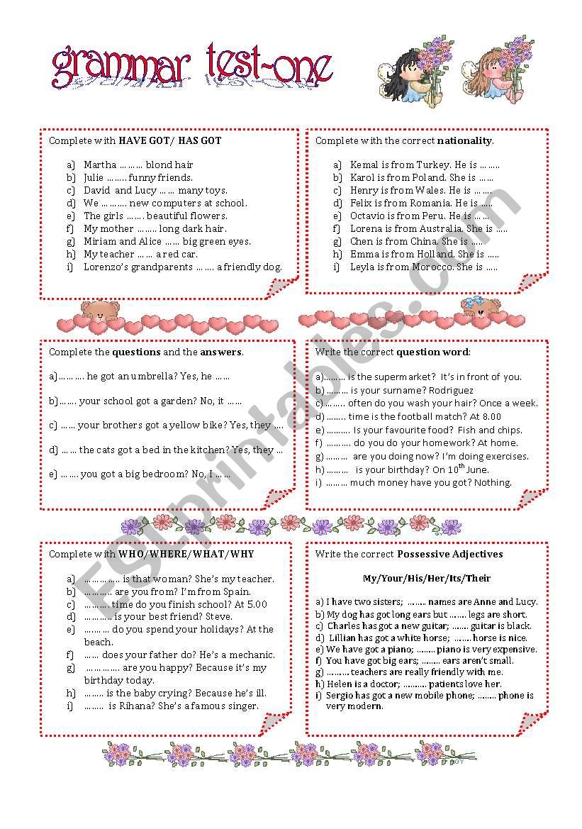 GRAMMAR TEST-ONE worksheet