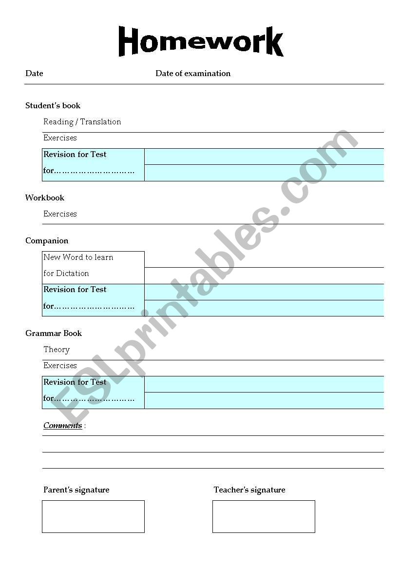 Homework Assignment Sheet worksheet