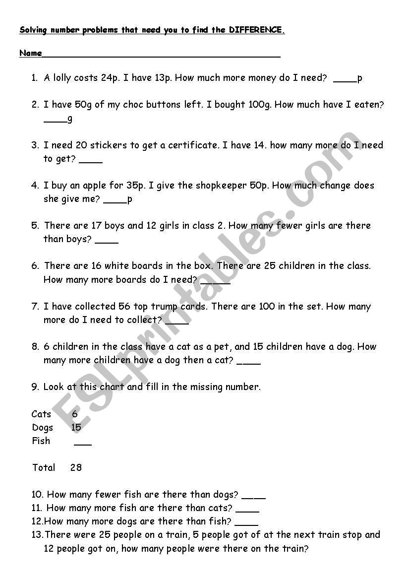 Find the difference worksheet for year 3