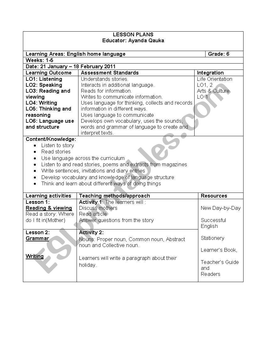 English Lesson plan worksheet