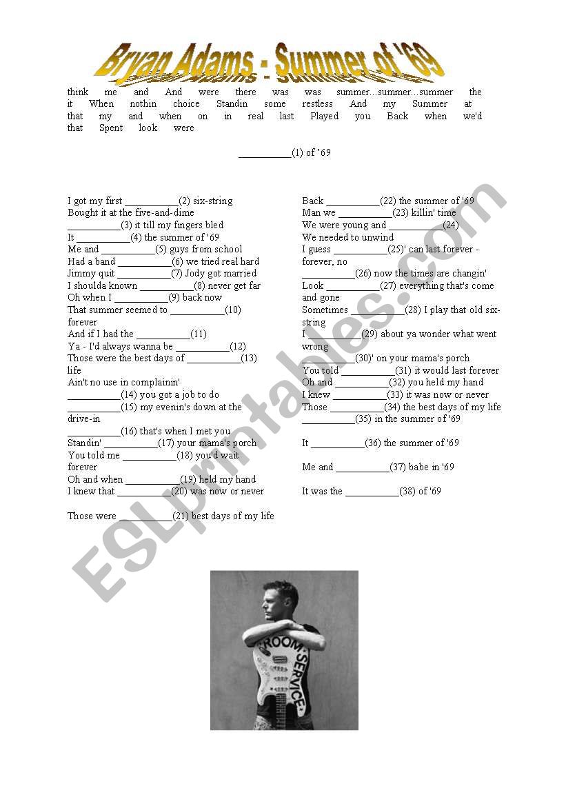 Bryan Adams - Summer of 69 worksheet