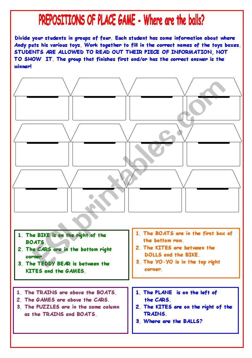 PREPOSITIONS OF PLACE GAME worksheet