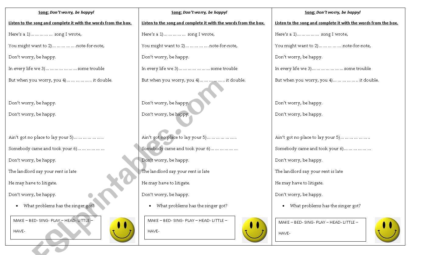 Dont worry be happy!! worksheet