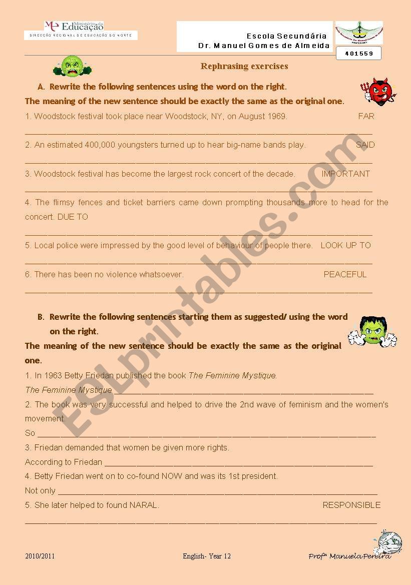 REPHRASING EXERCISES worksheet