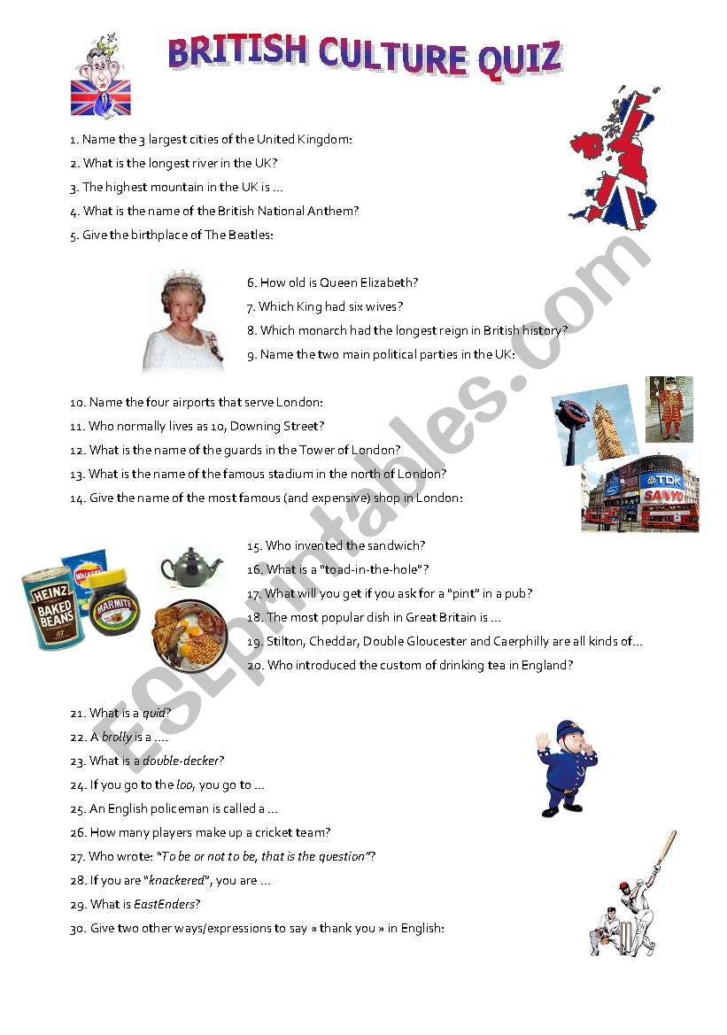 British Culture Quiz worksheet