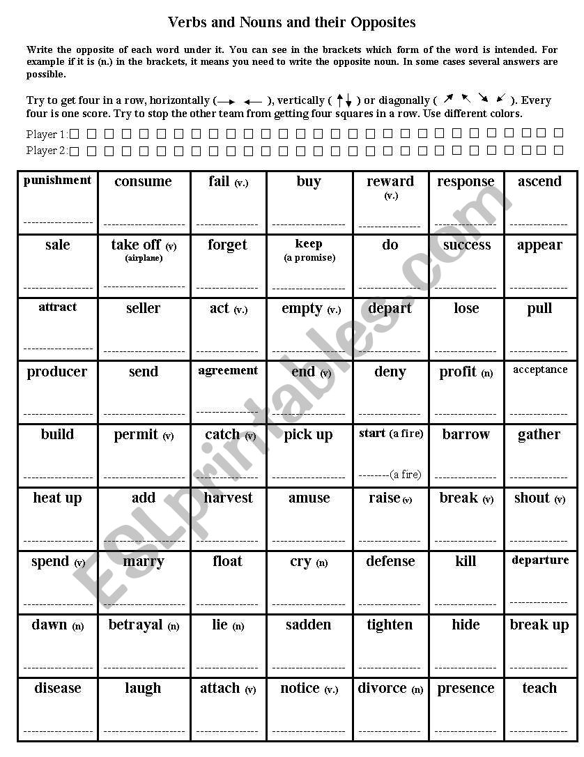 Verbs, Nouns and their Opposites (Board Game)