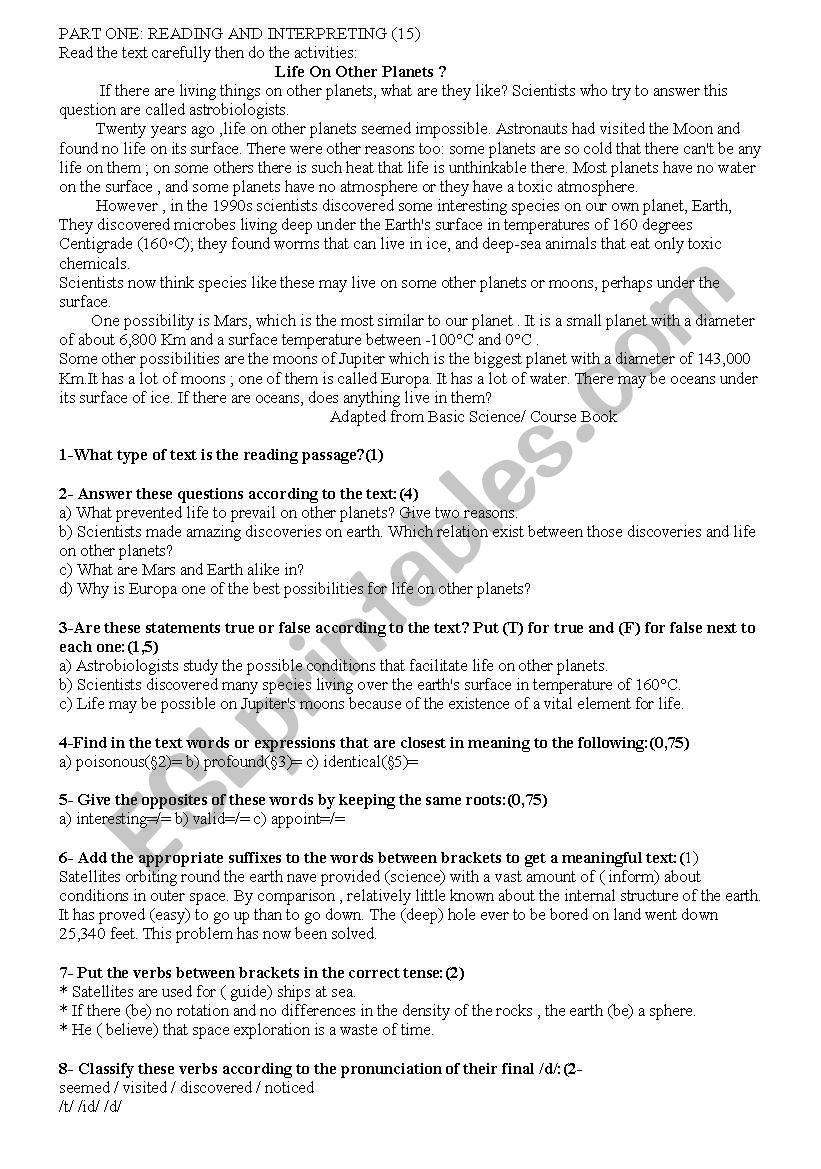 Third year exam worksheet