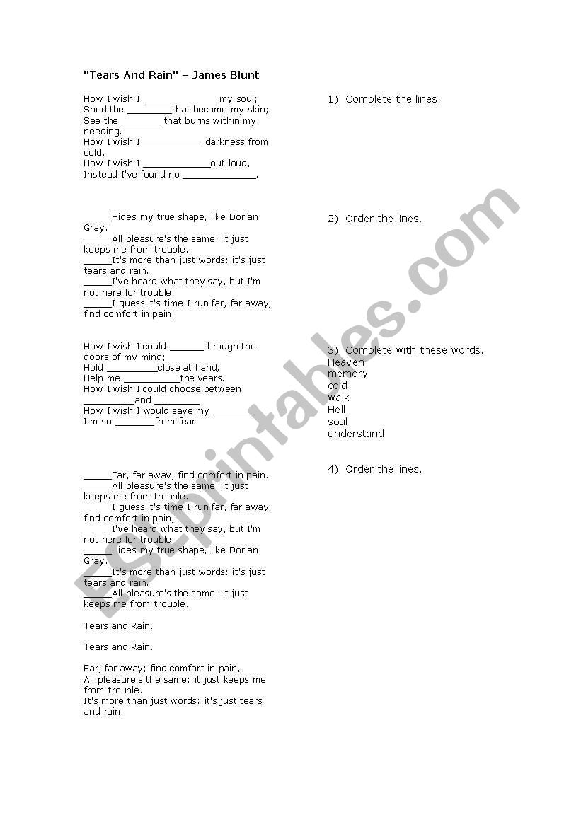 tears and rain - james blunt worksheet