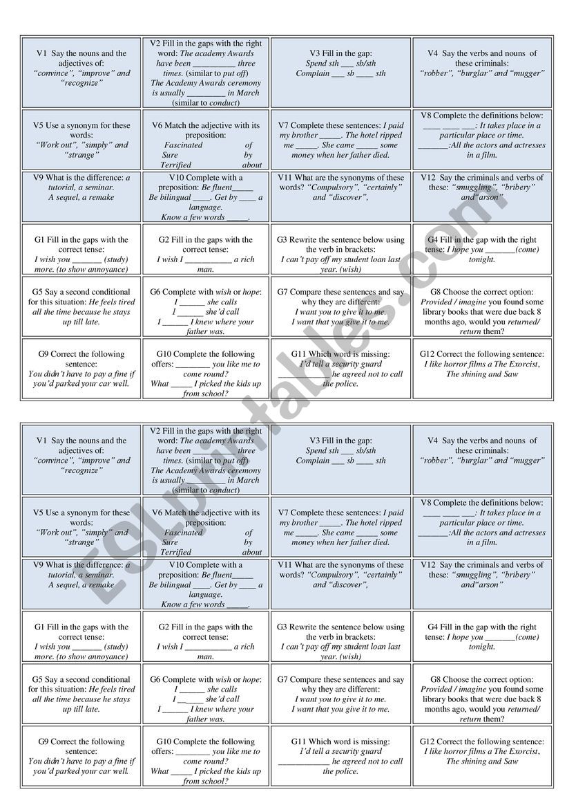 Monopoly cards F2F Upper Intermediate