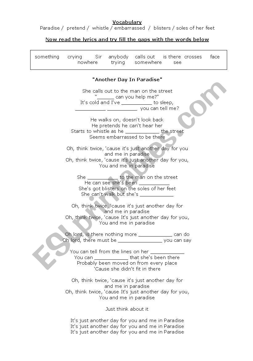 another day in paradise  worksheet