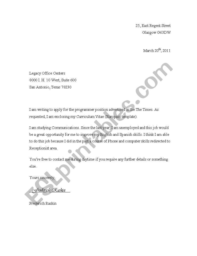 Application letter worksheet