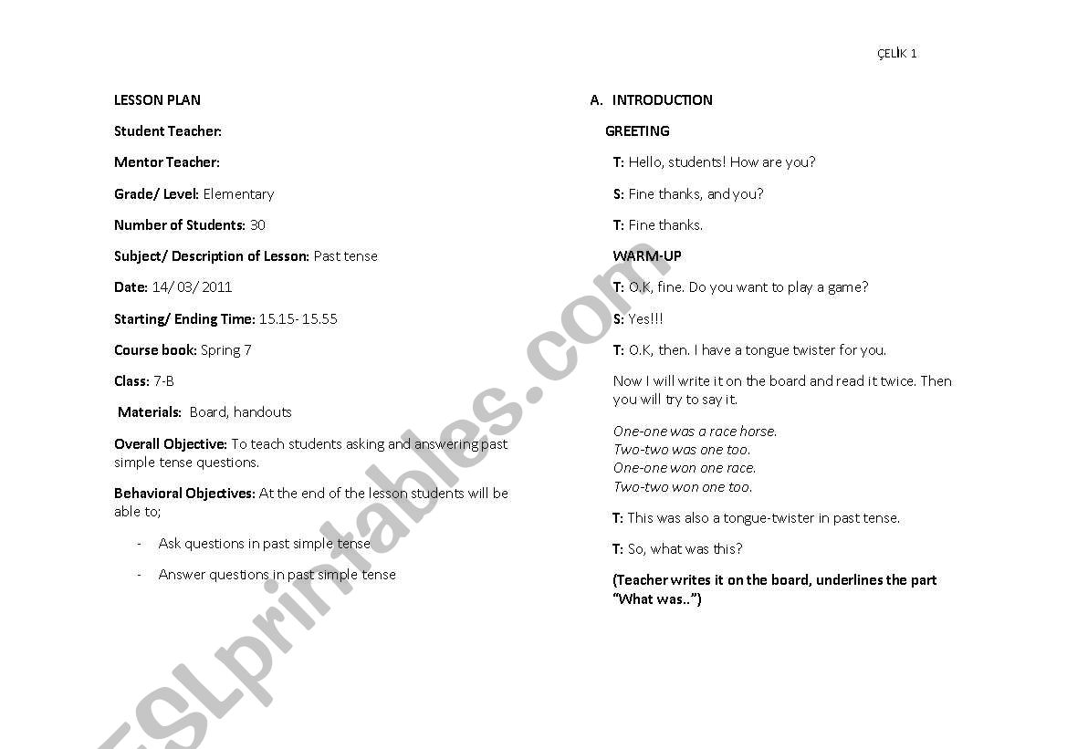 Lesson plan for past tense worksheet