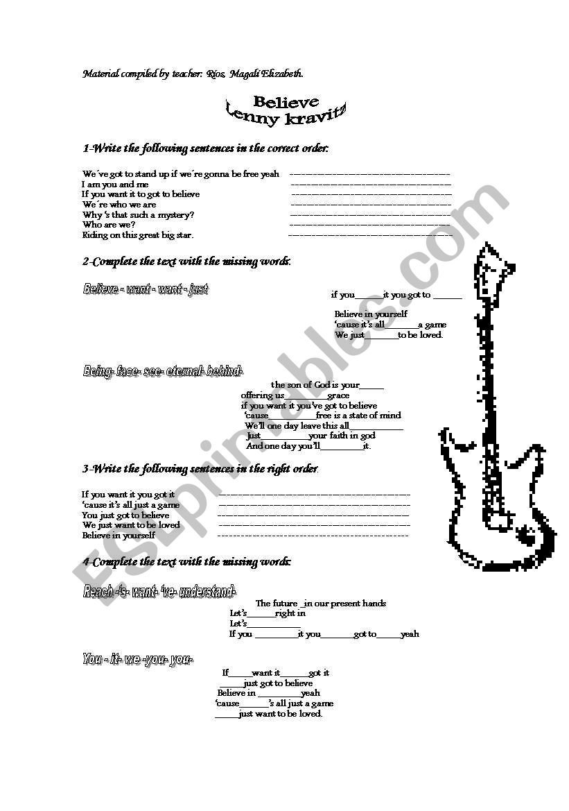 song believe by lenny kravitz worksheet