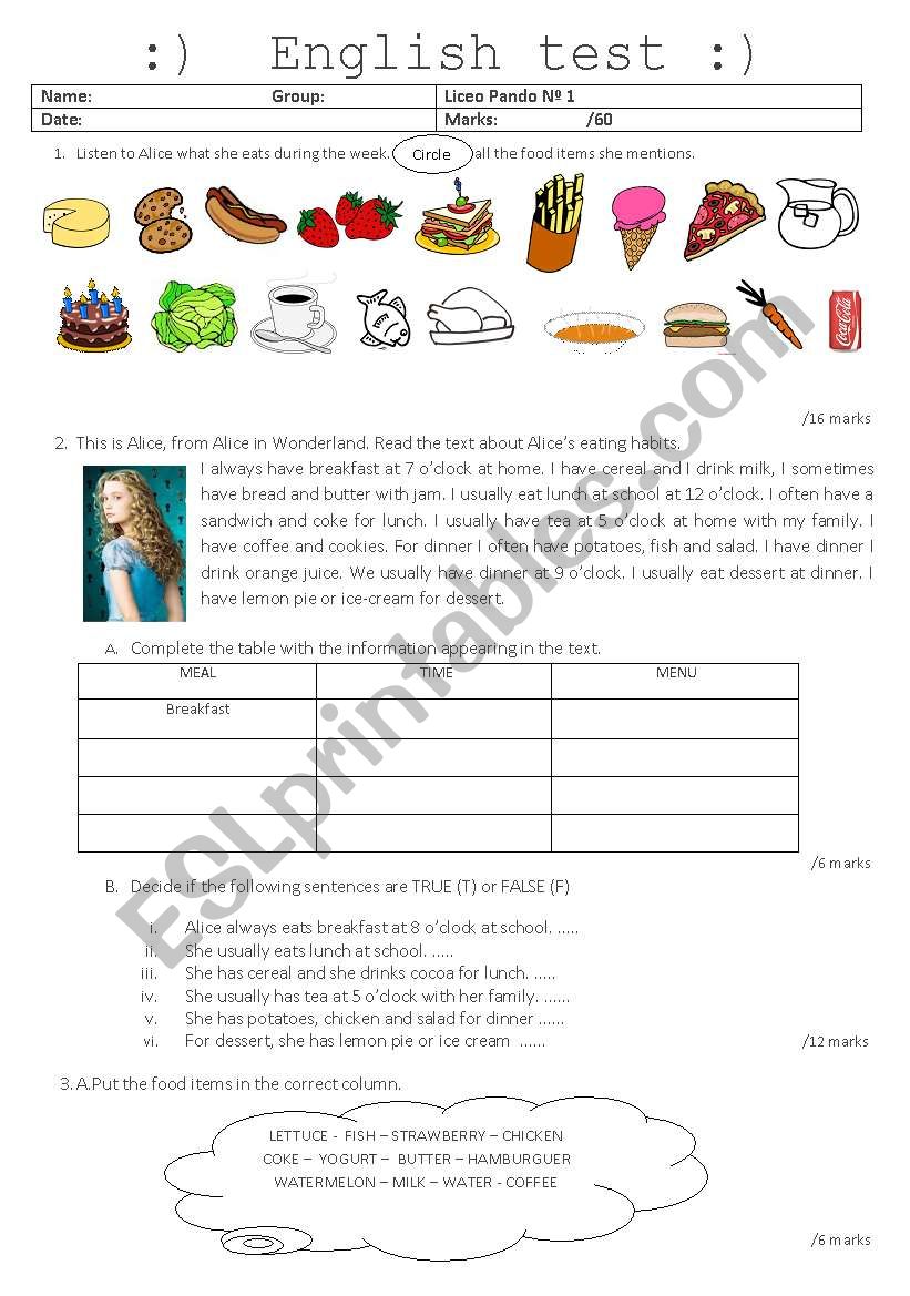 written test - eating habits - food