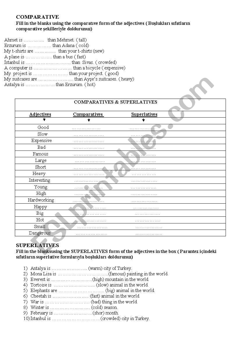 Comparative and Superlative worksheet