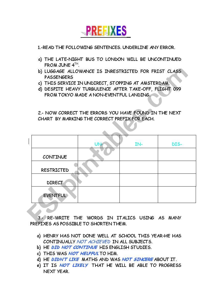 NEGATIVE PREFIXES worksheet