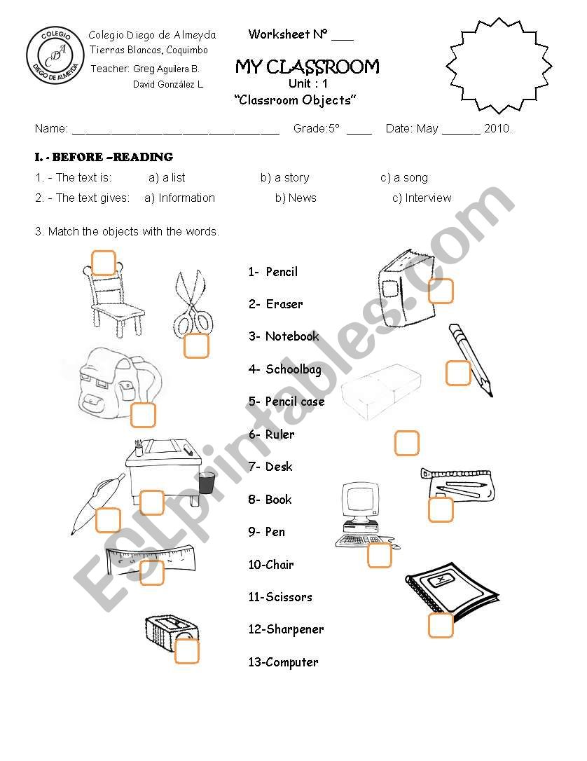 Classroom objects worksheet